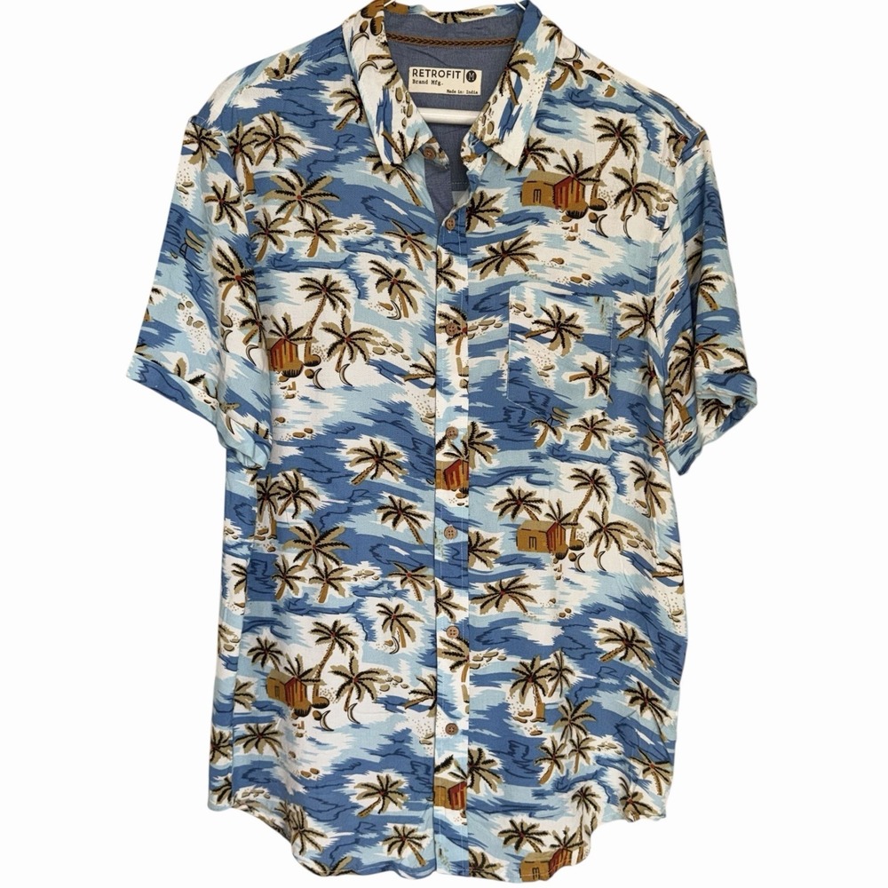 RETROFIT BRAND‎ Hawaiian Button Up Shirt Sz Medium Short Sleeve Huts Palm Trees